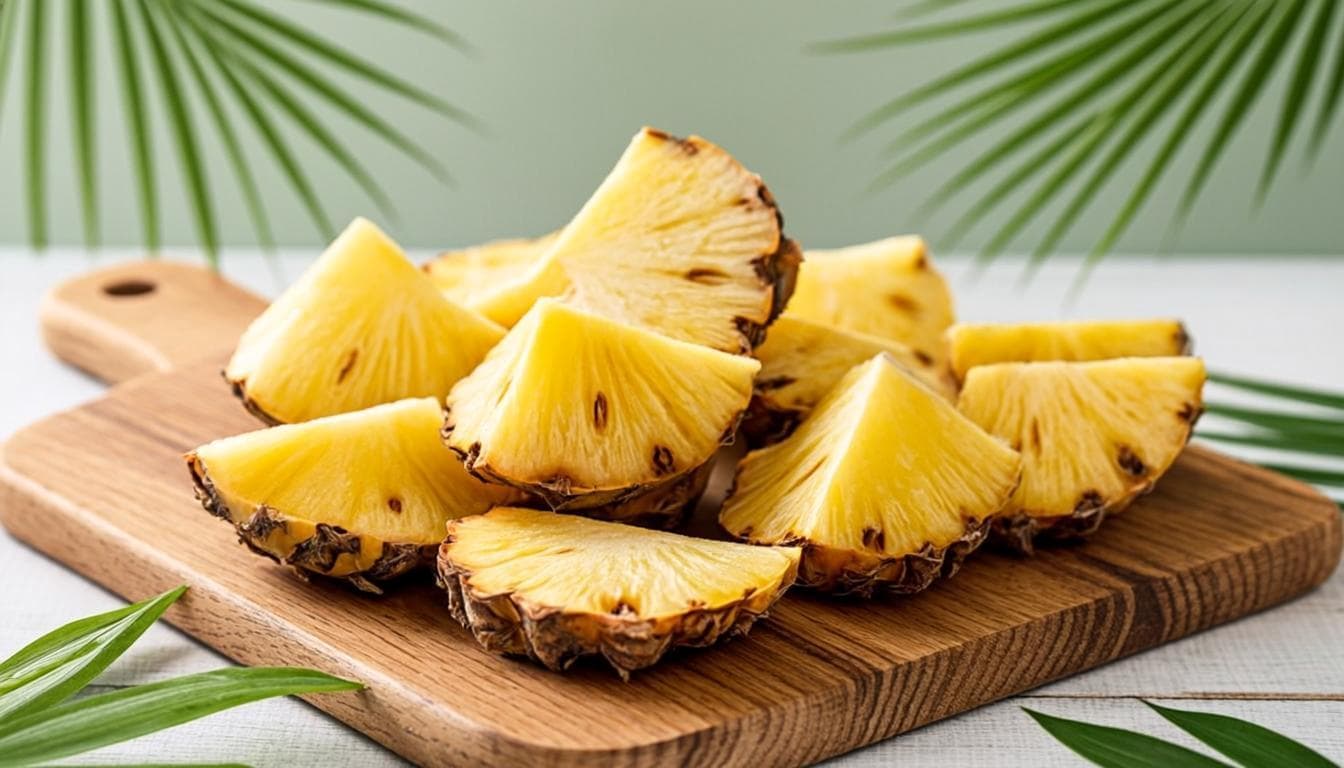 Illustration d'un ananas coupé avec des quartiers et des feuilles vertes.