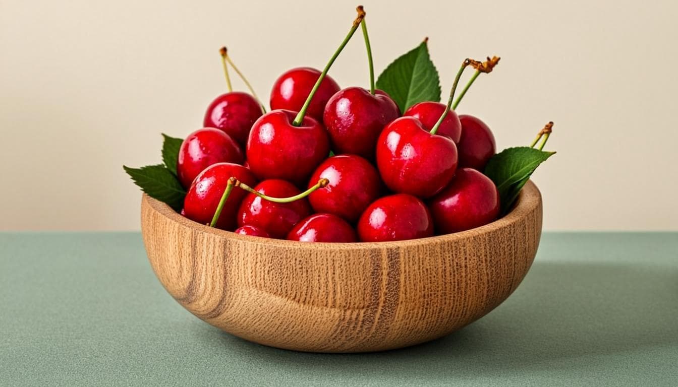 Illustration de cerises rouges fraîches avec feuilles et tiges.