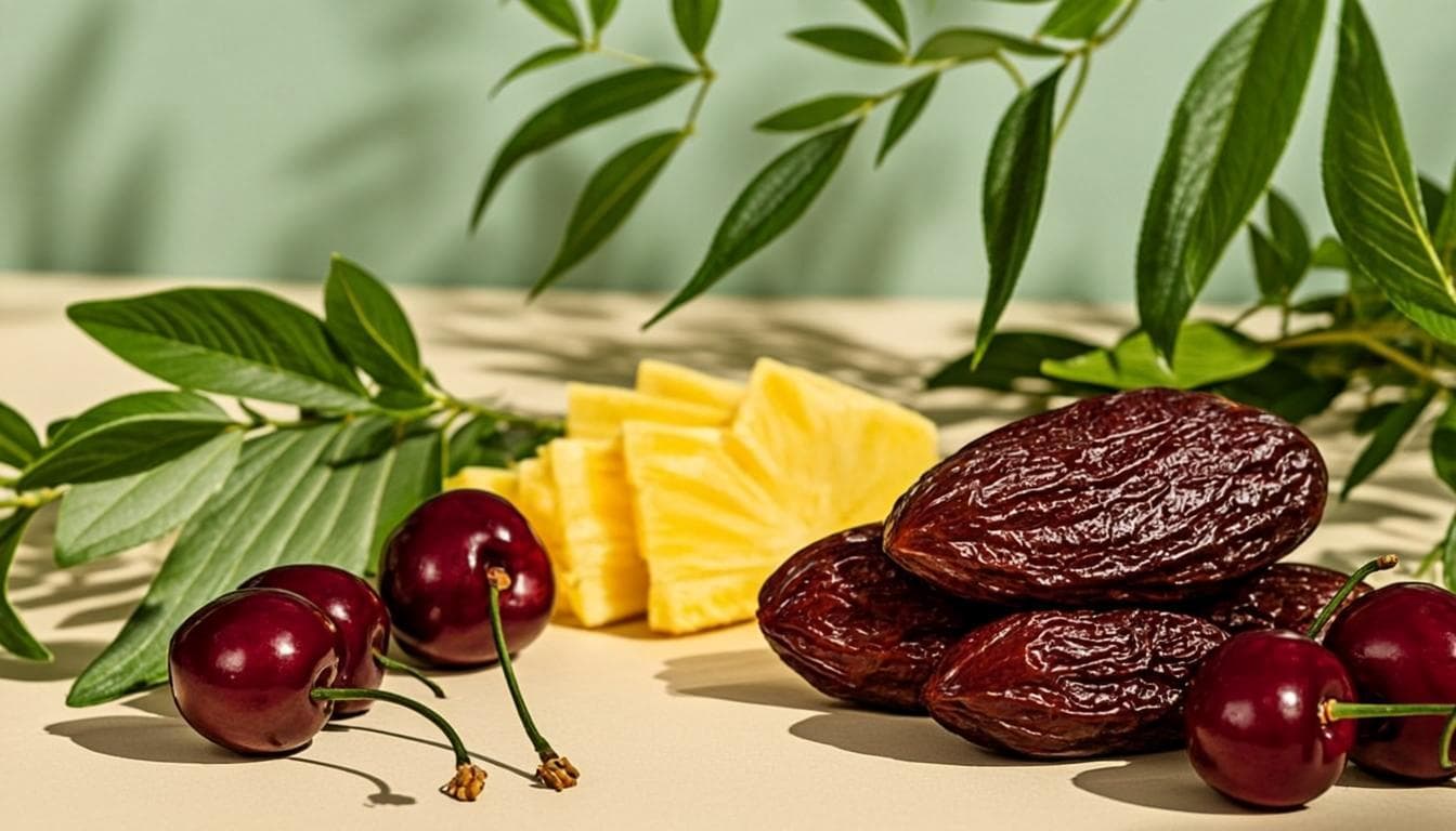 Composition naturelle : fruits frais, feuilles vertes et lumière douce évoquant le bien-être au quotidien.