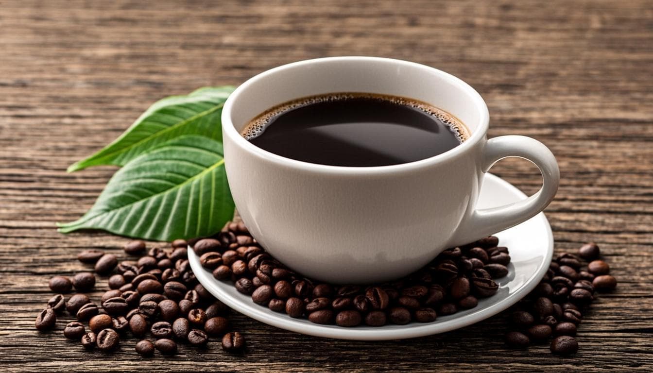 Illustration d'une tasse de café fumante avec grains et feuilles vertes.