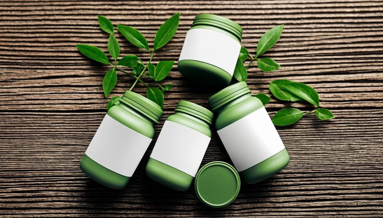 Illustration de feuilles de moringa séchées et d'une boîte de compléments.